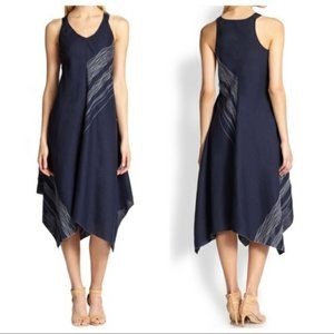 Eileen Fisher navy linen embroidered midi dress